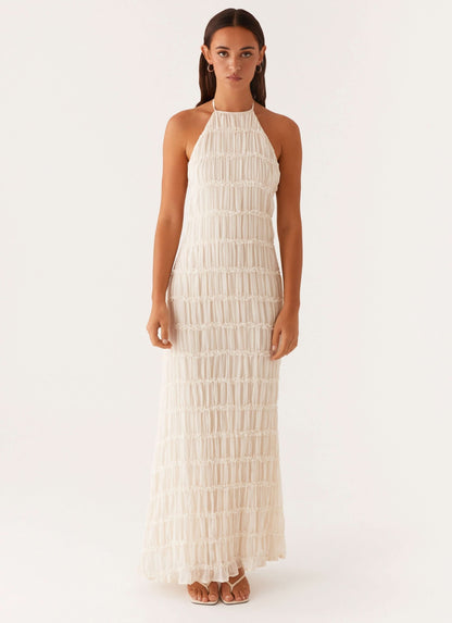 Cream pleated halter maxi dress with horizontal stripe pattern throughout