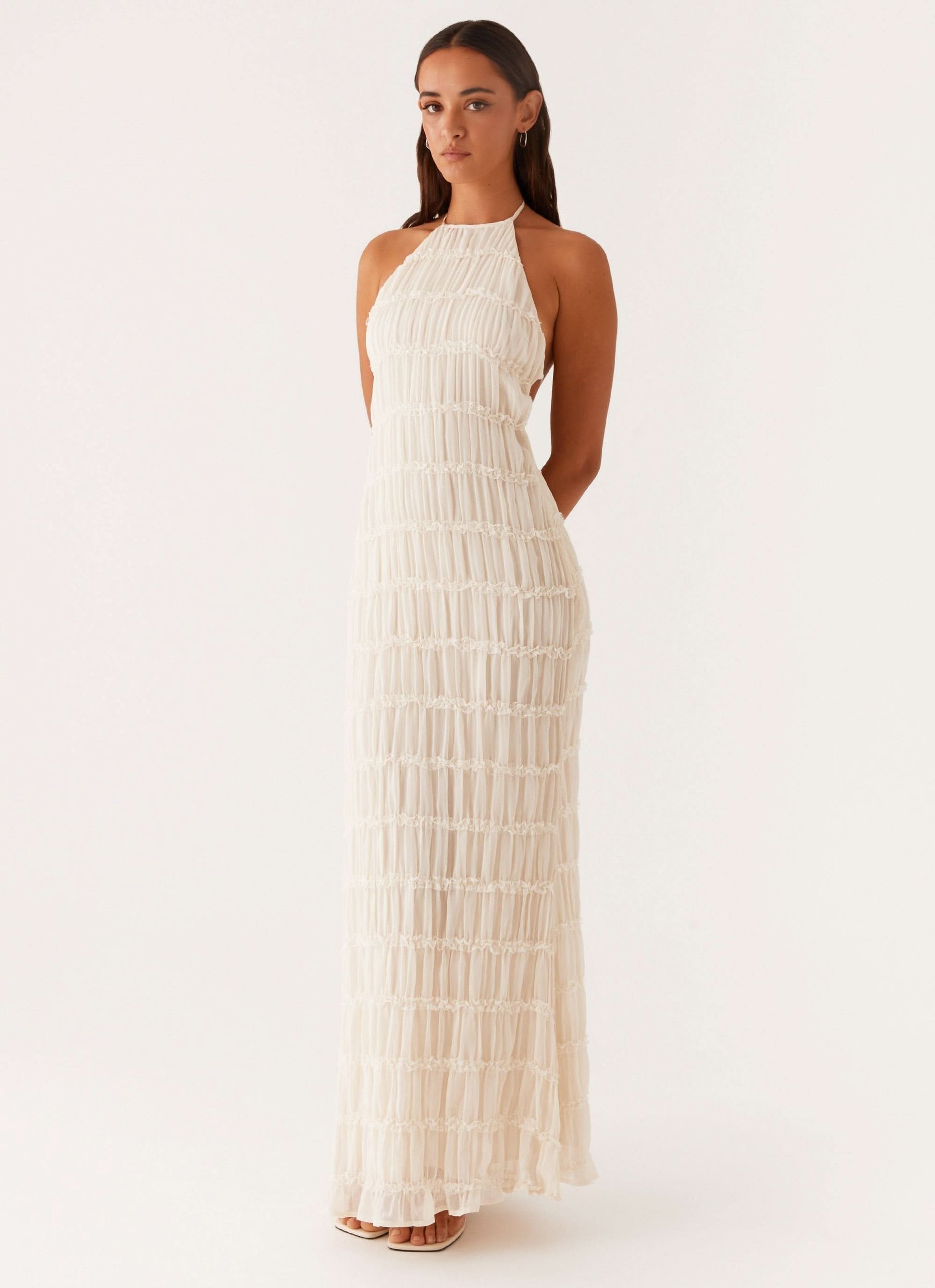 Cream pleated halter maxi dress with front pocket detail