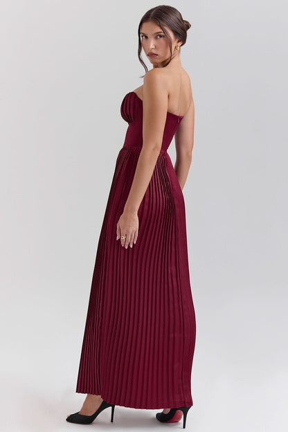 Back view of burgundy maxi dress with sweetheart neckline and pleated skirt
