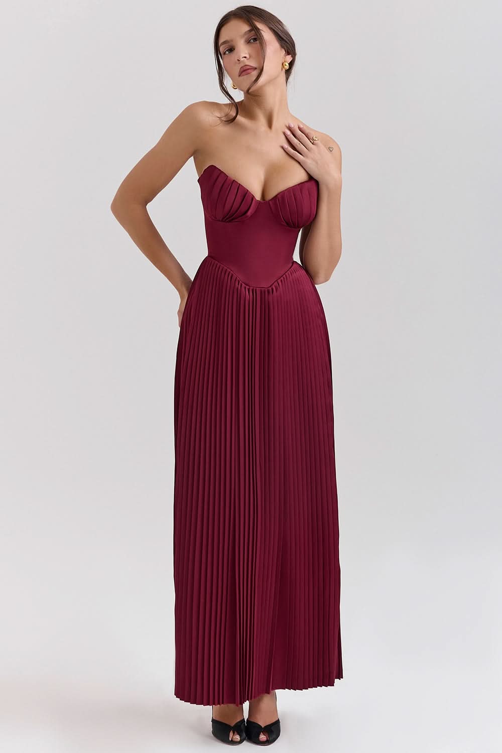 Burgundy strapless maxi dress with sweetheart neckline and accordion pleats