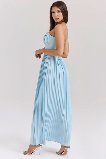 Back view of light blue strapless maxi dress showing zip closure