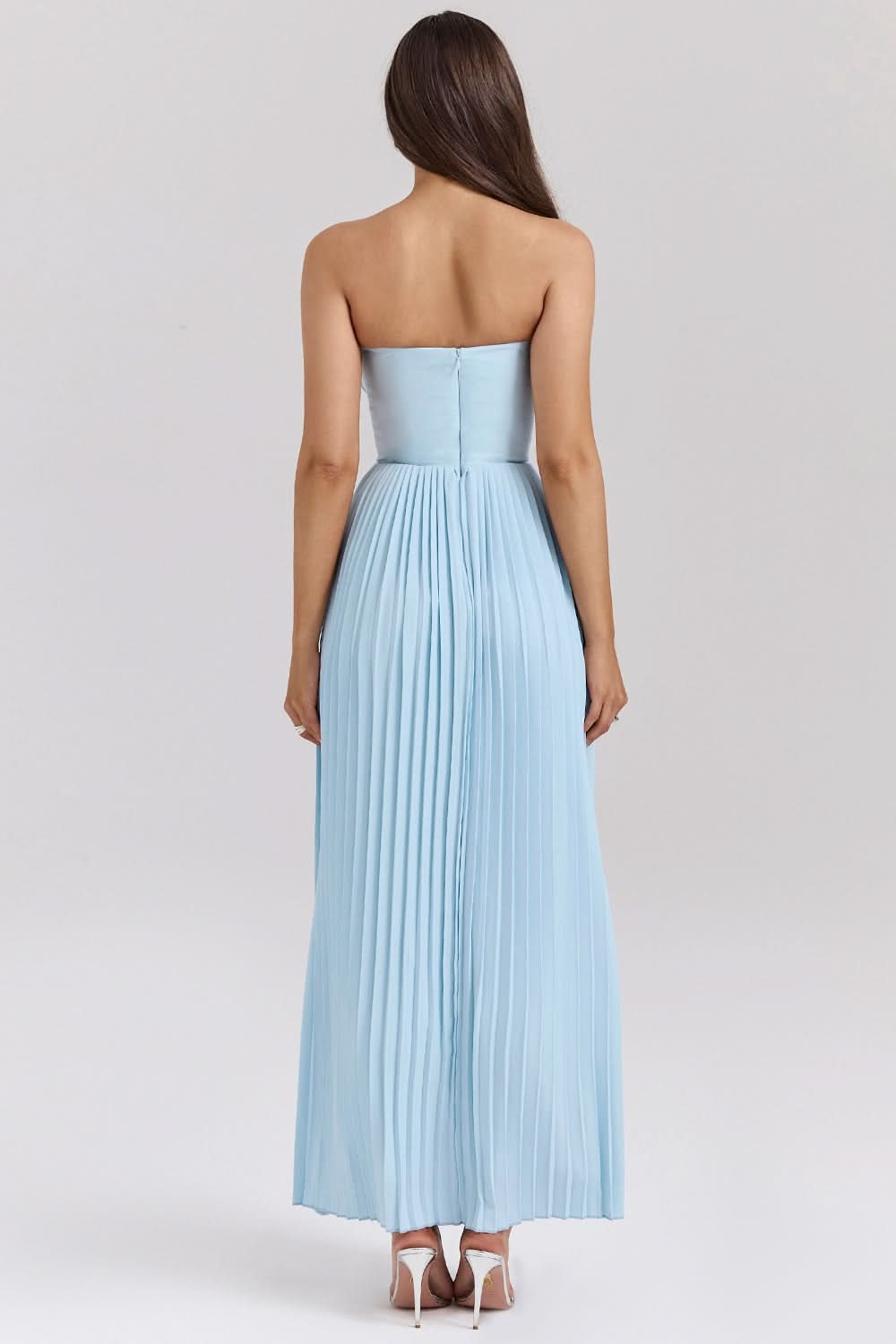 Rear detail of pale blue pleated maxi dress with back zipper