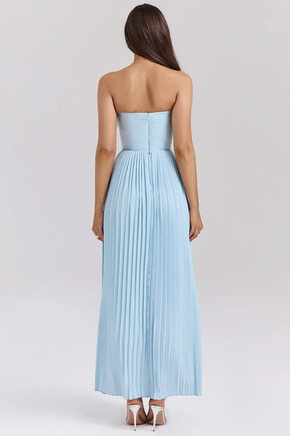 Rear detail of pale blue pleated maxi dress with back zipper