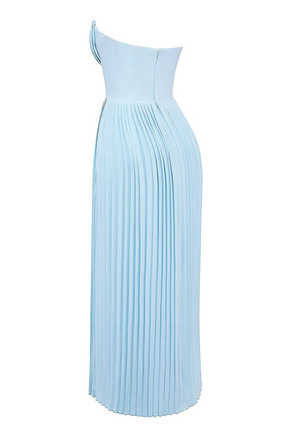 Full back view of light blue strapless evening gown with pleats
