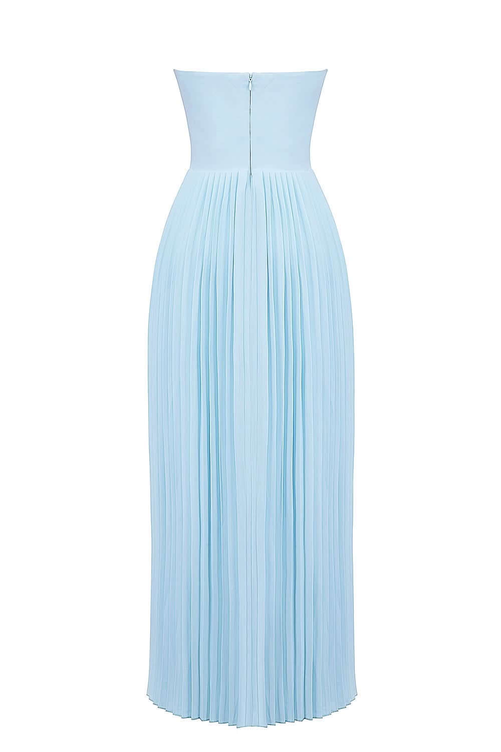 Flat lay back view of pale blue pleated maxi dress