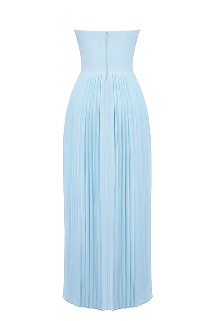 Flat lay back view of pale blue pleated maxi dress