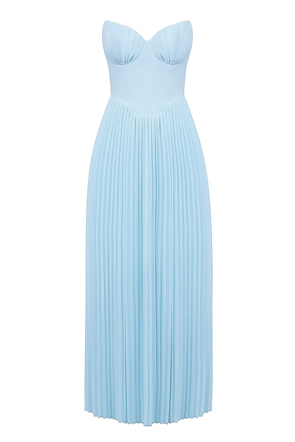 Front detail of light blue sweetheart neckline pleated maxi dress