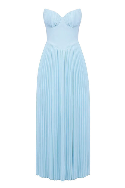 Front detail of light blue sweetheart neckline pleated maxi dress