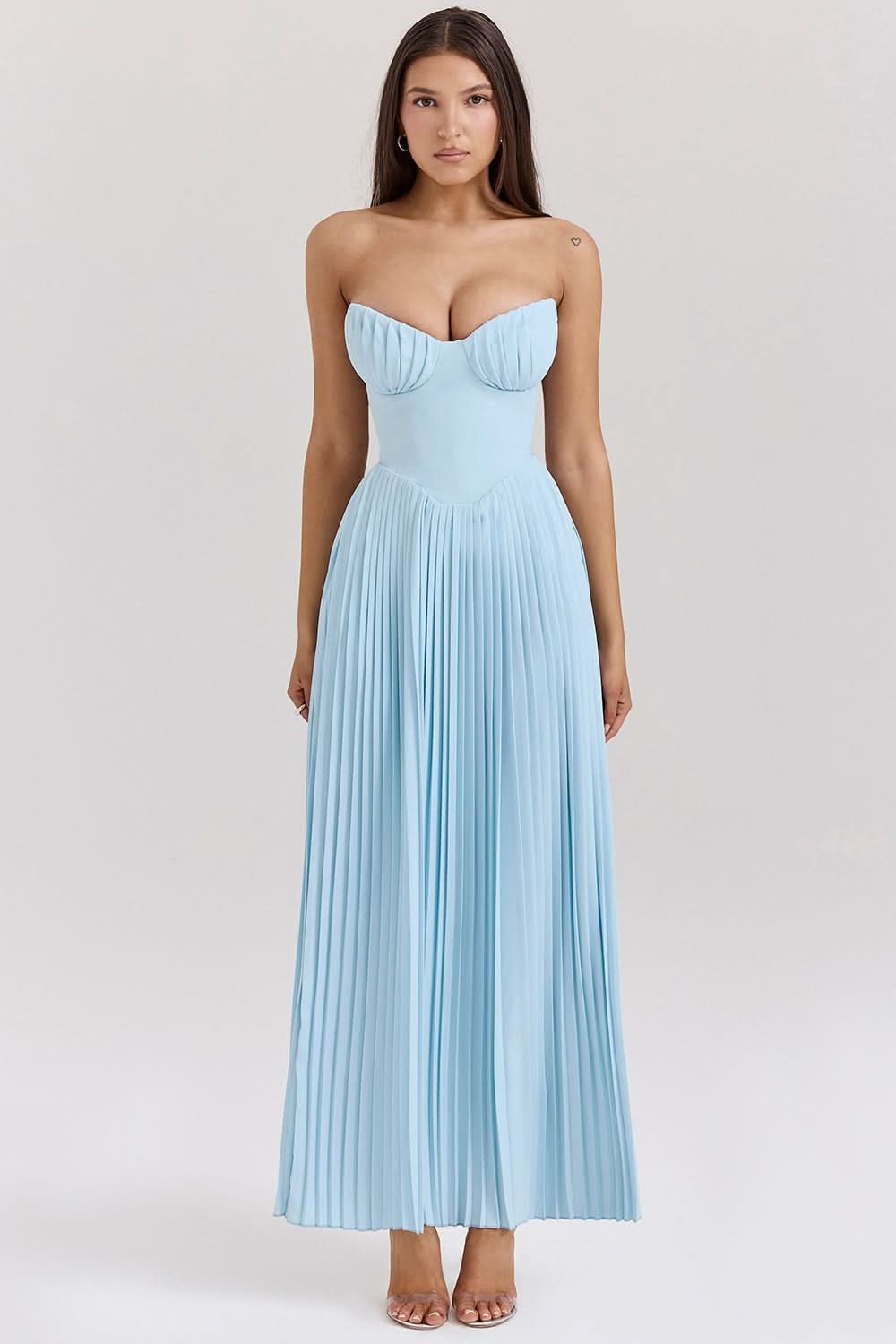 Light blue strapless maxi dress with pleated bodice and full skirt