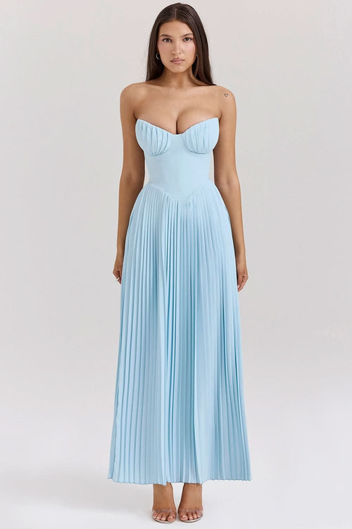 Light blue strapless maxi dress with pleated bodice and full skirt