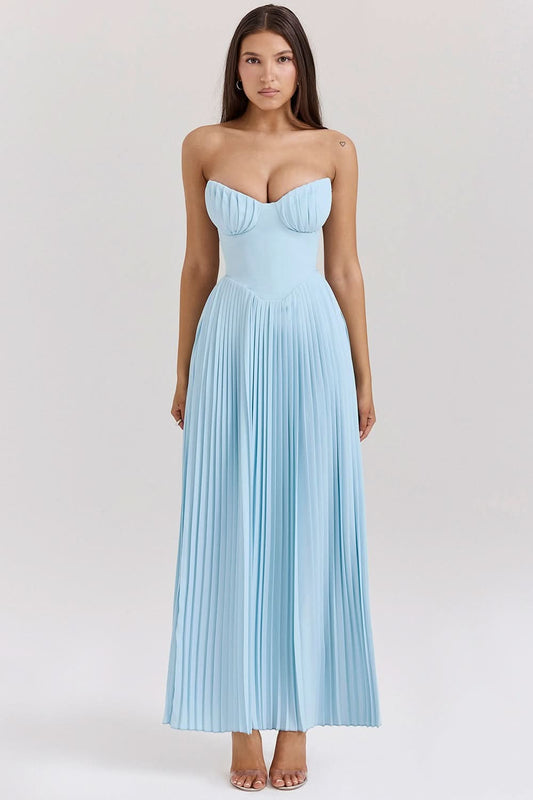 Light blue strapless maxi dress with pleated bodice and full skirt