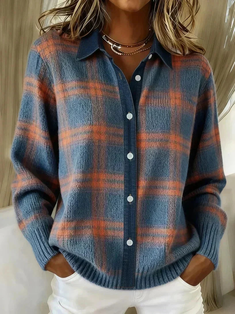 CHANDRA | PLAID BUTTON-FRONT CARDIGAN - Blue Plaid