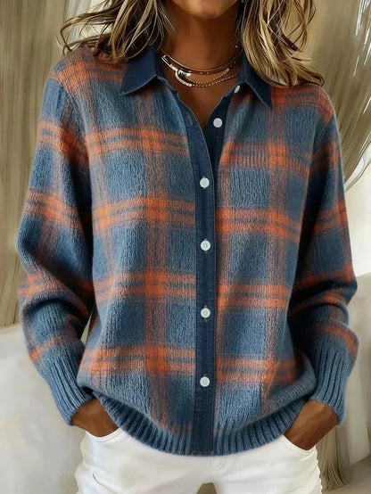 CHANDRA | PLAID BUTTON-FRONT CARDIGAN - Blue Plaid