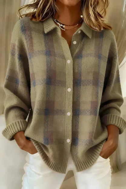 CHANDRA | PLAID BUTTON-FRONT CARDIGAN - Brown Plaid