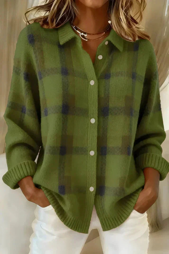 CHANDRA | PLAID BUTTON-FRONT CARDIGAN - Green Plaid