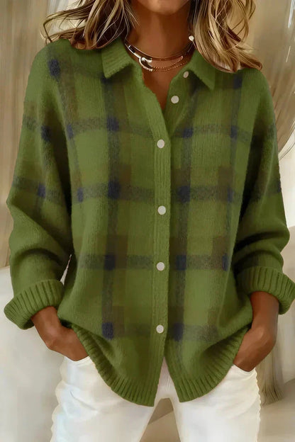 CHANDRA | PLAID BUTTON-FRONT CARDIGAN - Green Plaid