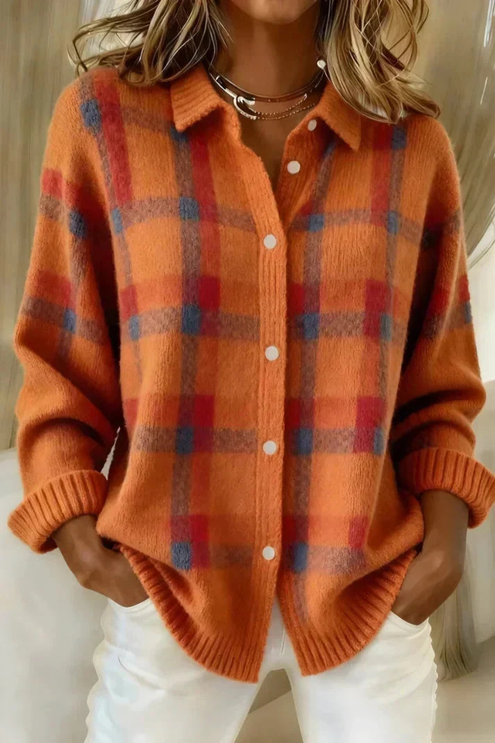CHANDRA | PLAID BUTTON-FRONT CARDIGAN - Orange Plaid