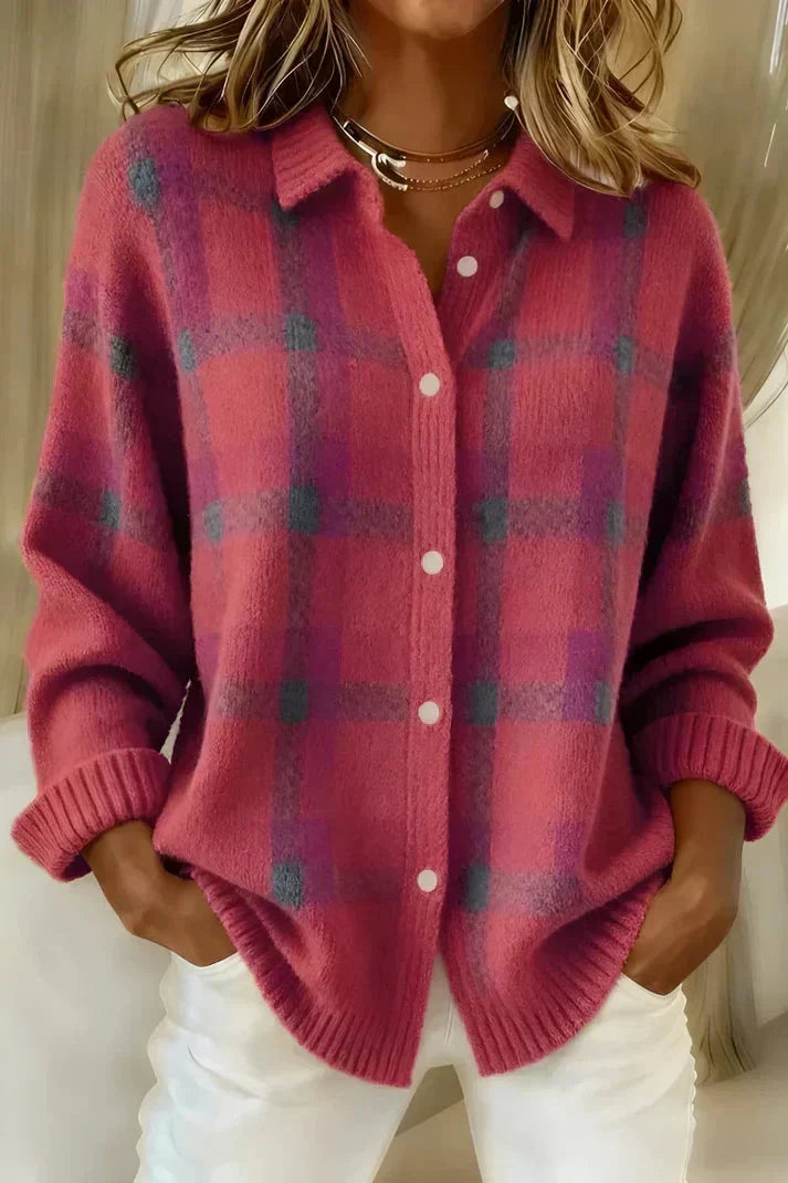 CHANDRA | PLAID BUTTON-FRONT CARDIGAN - Pink Plaid
