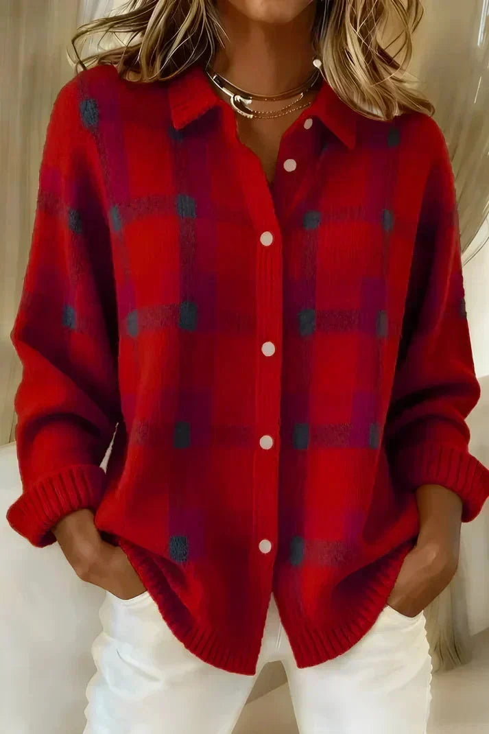 CHANDRA | PLAID BUTTON-FRONT CARDIGAN - Red Plaid