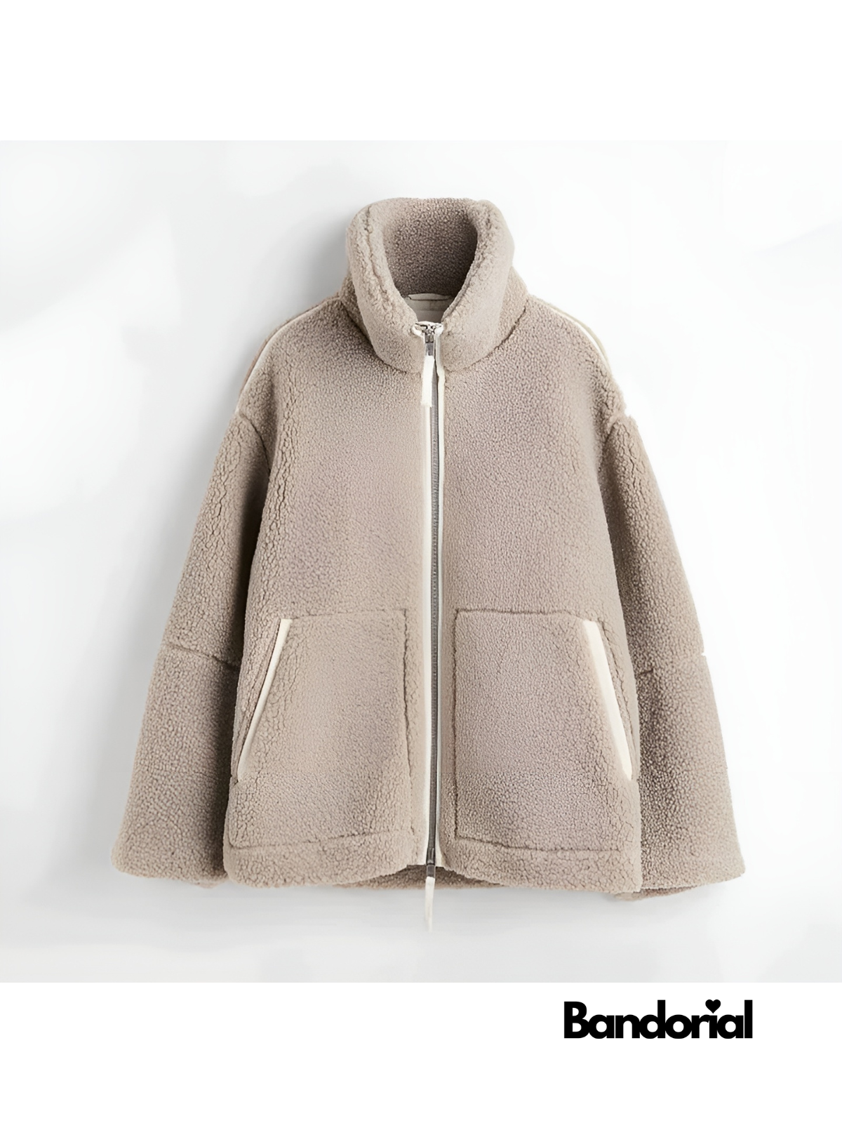 Cream teddy fleece jacket back view with structured stand collar detail