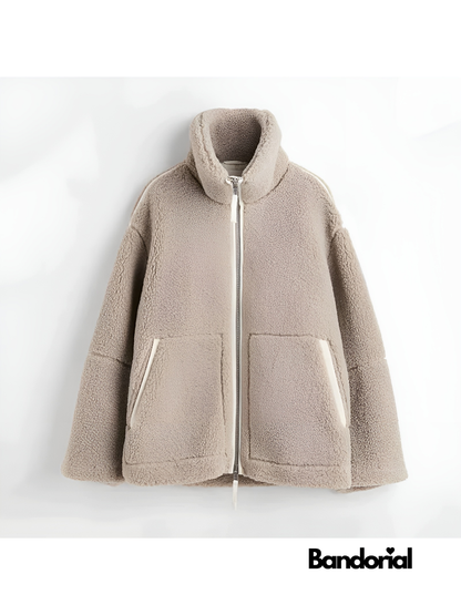 Cream teddy fleece jacket back view with structured stand collar detail