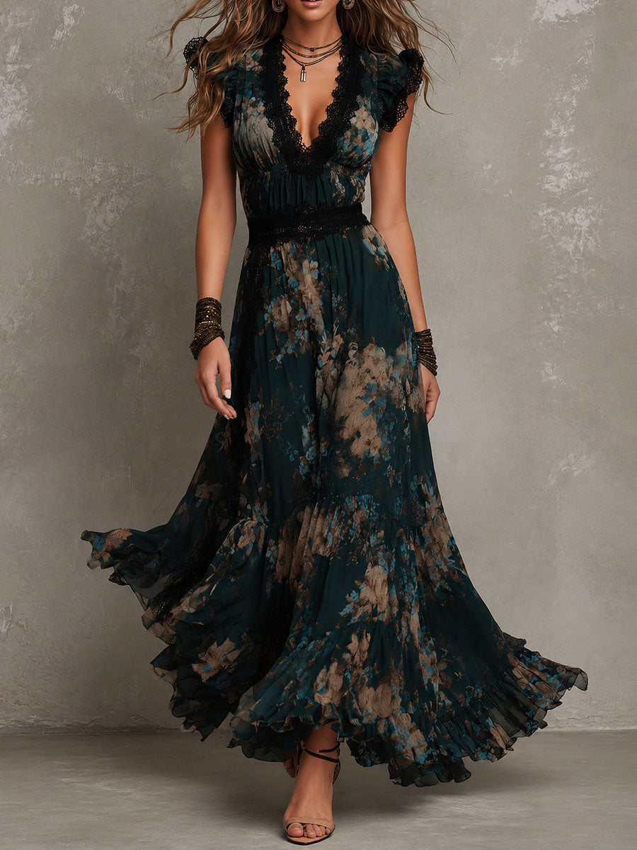 CHRISTABEL | TIERED MAXI DRESS - Black Tan Floral