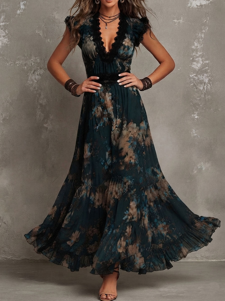 CHRISTABEL | TIERED MAXI DRESS - Black Tan Floral