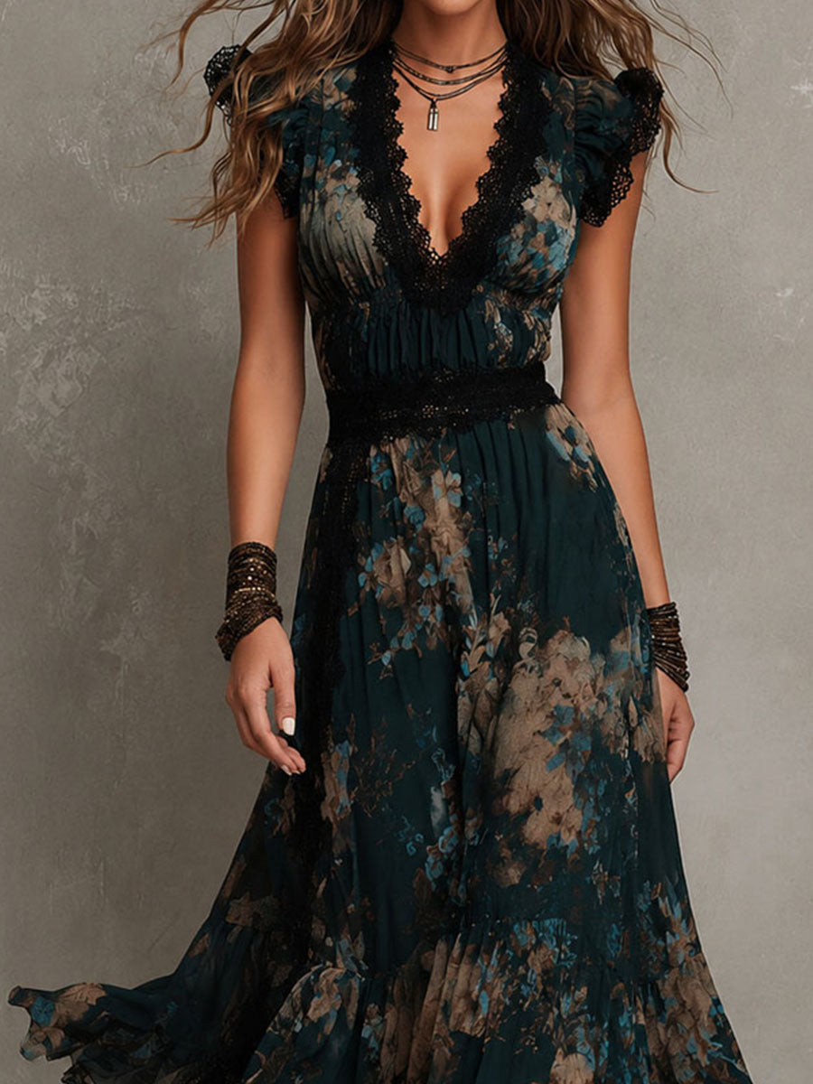 CHRISTABEL | TIERED MAXI DRESS - Black Tan Floral