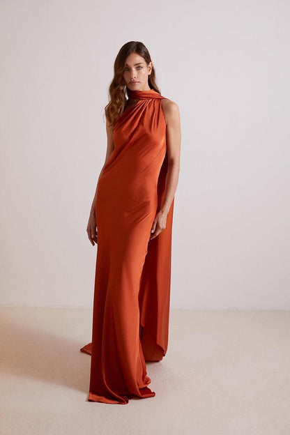 CIARA | SATIN MAXI DRESS - Rust Orange