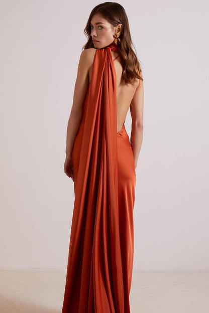 CIARA | SATIN MAXI DRESS - Rust Orange