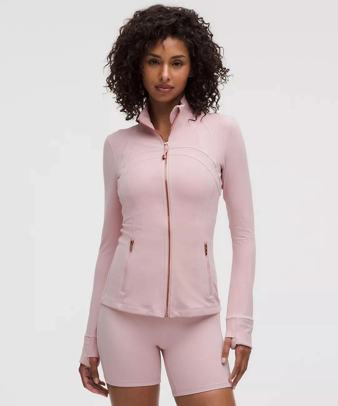 Pale pink define jacket with rose gold zip and side pockets