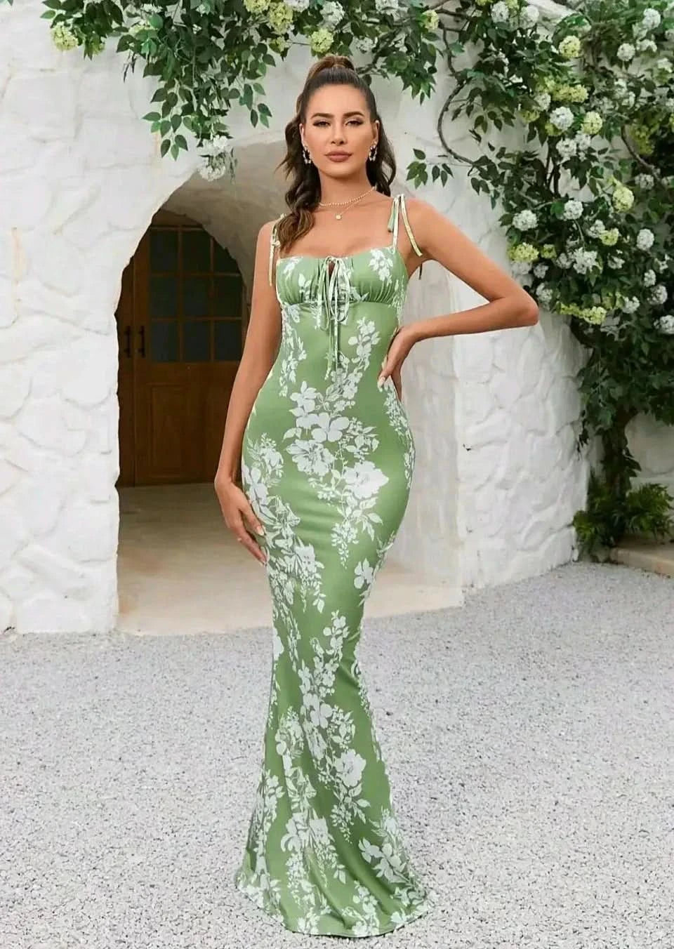 Green white floral maxi dress with tie straps and square neckline
