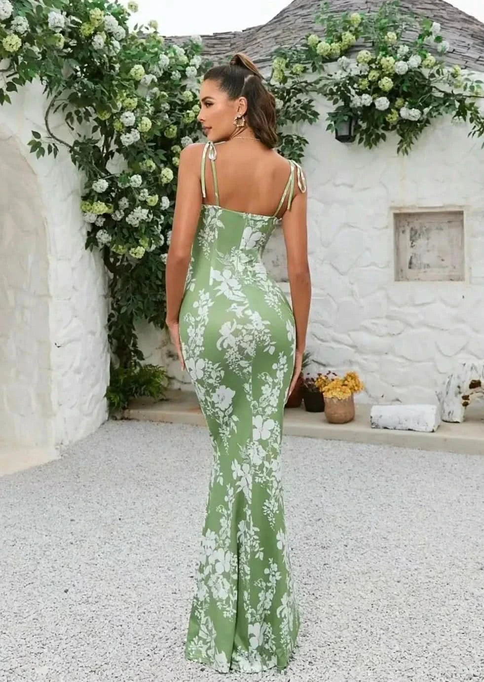 Green white floral maxi dress with tie straps back view