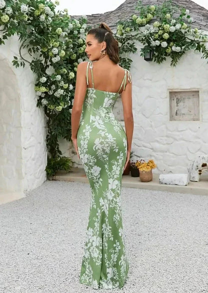Green white floral maxi dress with tie straps back view