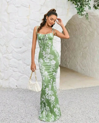 Green white floral fitted maxi dress with square neckline