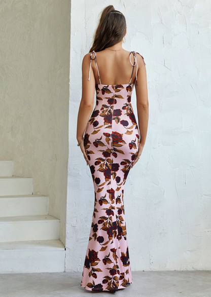 Pink burgundy rose print maxi dress back view with tie straps