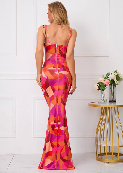 Magenta orange geometric color block maxi dress back view