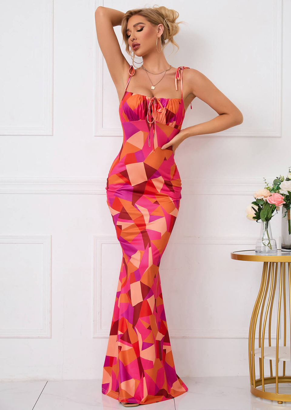 Magenta orange geometric maxi dress with tie straps front