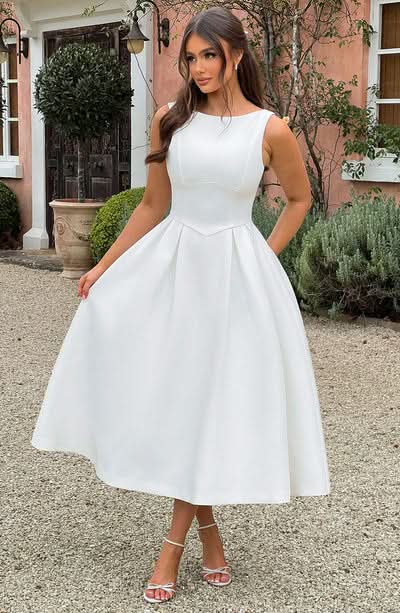 White sleeveless A-line midi dress with crew neck and structured bodice