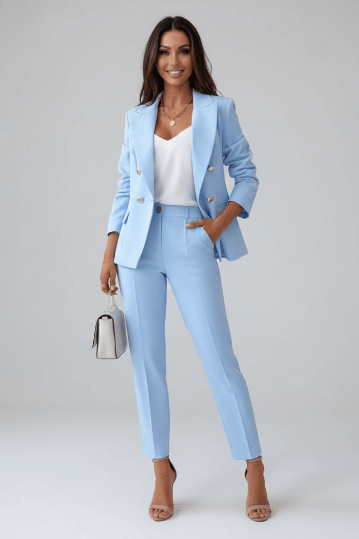 CLAUDETTE | DOUBLE BREASTED BLAZER PANTS SET - Light Blue