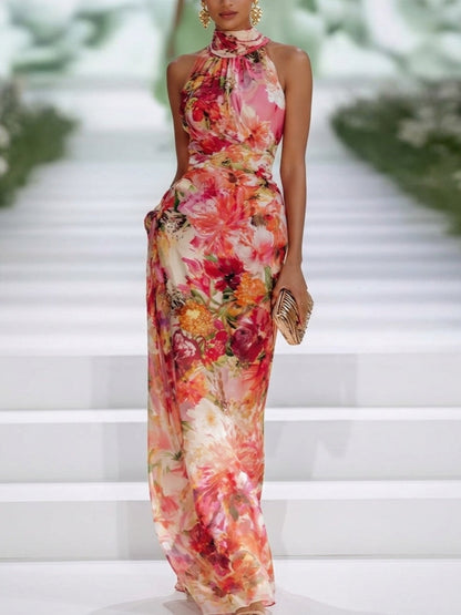 CLELIA | FLORAL HALTER MAXI DRESS - Red Floral