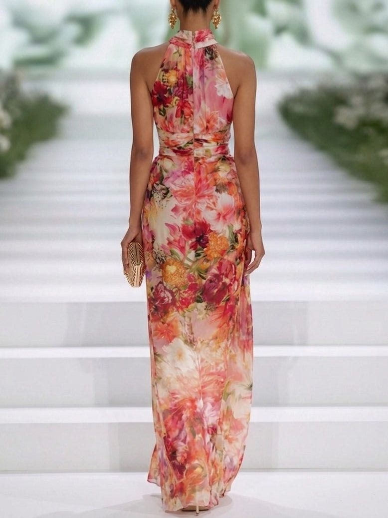 CLELIA | FLORAL HALTER MAXI DRESS - Red Floral