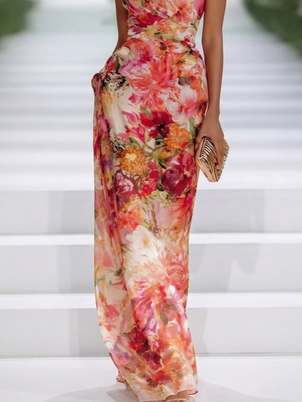 CLELIA | FLORAL HALTER MAXI DRESS - Red Floral