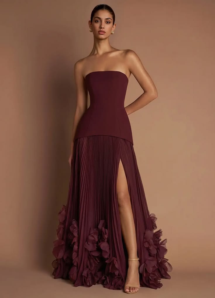 CLEODORA | STRAPLESS RUFFLE HEM MAXI DRESS - Burgundy