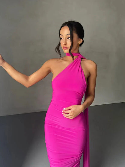 CONSTA | ONE SHOULDER MAXI DRESS - Fuchsia