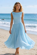 CORINA | COWL NECK CHIFFON MIDI DRESS - Sky Blue