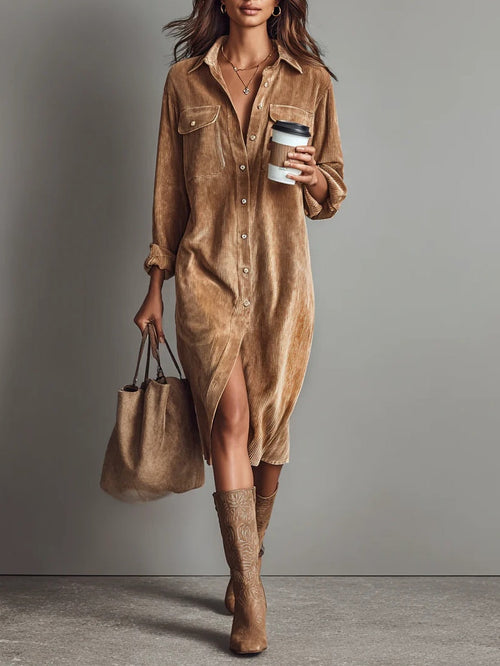 CORISANDE | CORDUROY MIDI DRESS - Brown