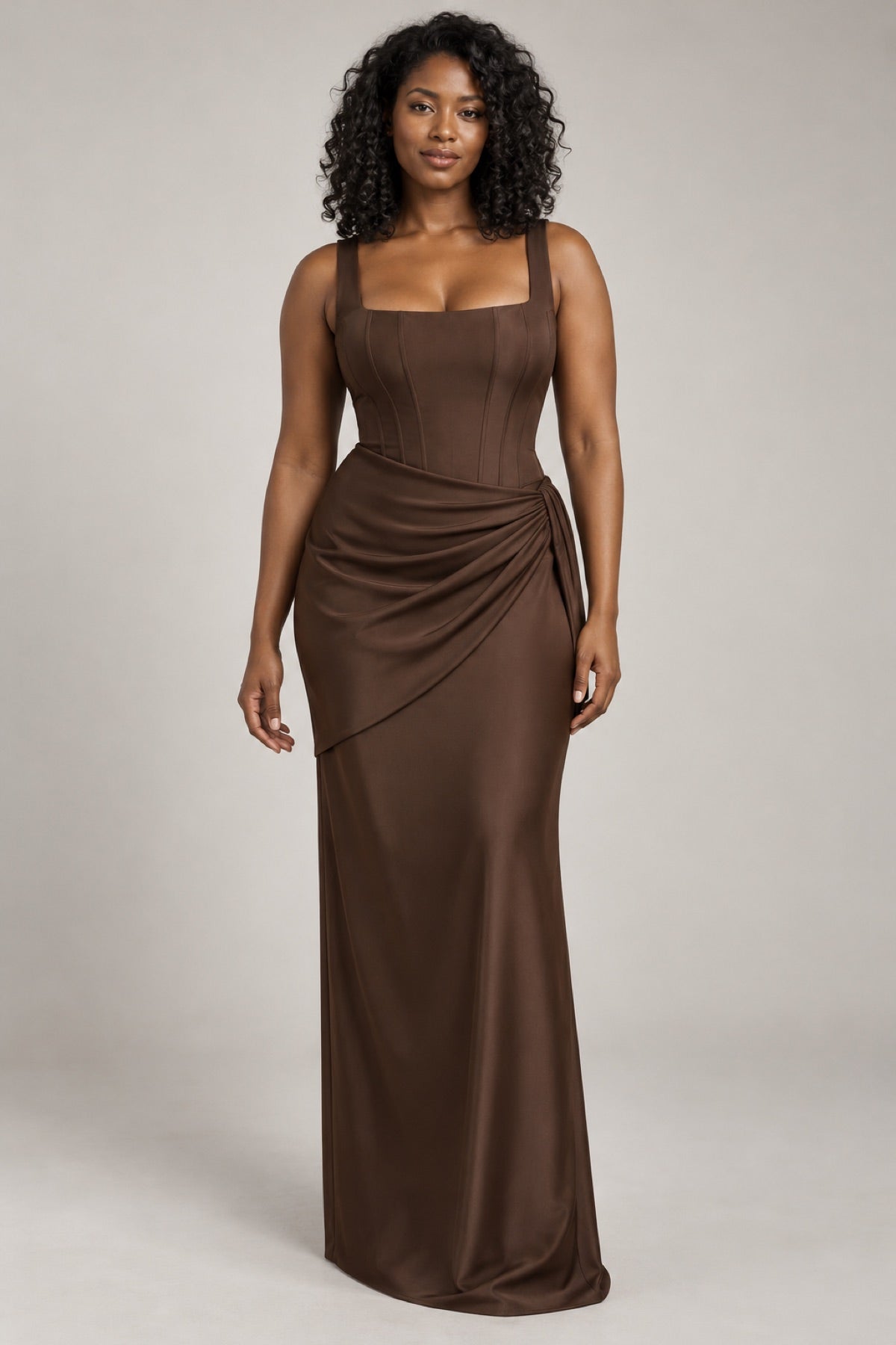 Cornelia Mini & Maxi Dress in brown maxi, front view