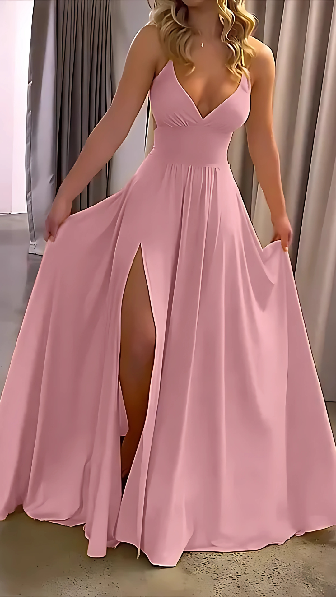 Blush pink halter maxi dress with sweetheart neckline and flowing A-line skirt