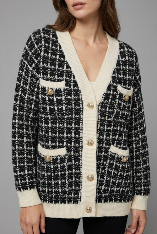 CRISTAL | TWEED-STYLE V-NECK CARDIGAN - Black